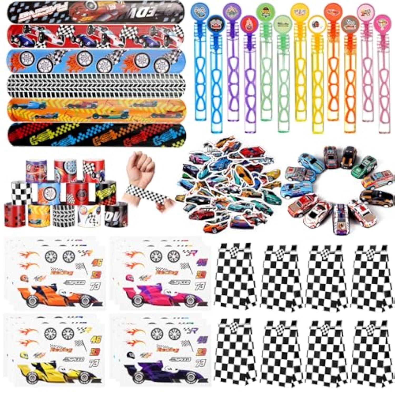 110Pcs Race Car Party Favors Themed Birthday Decorations Supplies Straw Bubble Slap Bracelet Diy Sticker Toy Gift For Boy Kids Treat Candy Bags Stuffers Classroom Rewards