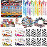 110Pcs Race Car Party Favors Themed Birthday Decorations Supplies Straw Bubble Slap Bracelet Diy Sticker Toy Gift For Boy Kids Treat Candy Bags Stuffers Classroom Rewards