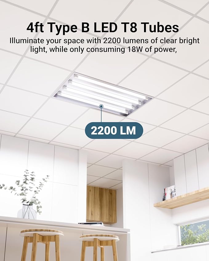 50 Pack 4FT T8 LED Bulbs 18W 2200LM 6000K Type B Ballast Bypass Clear Lens Tubes