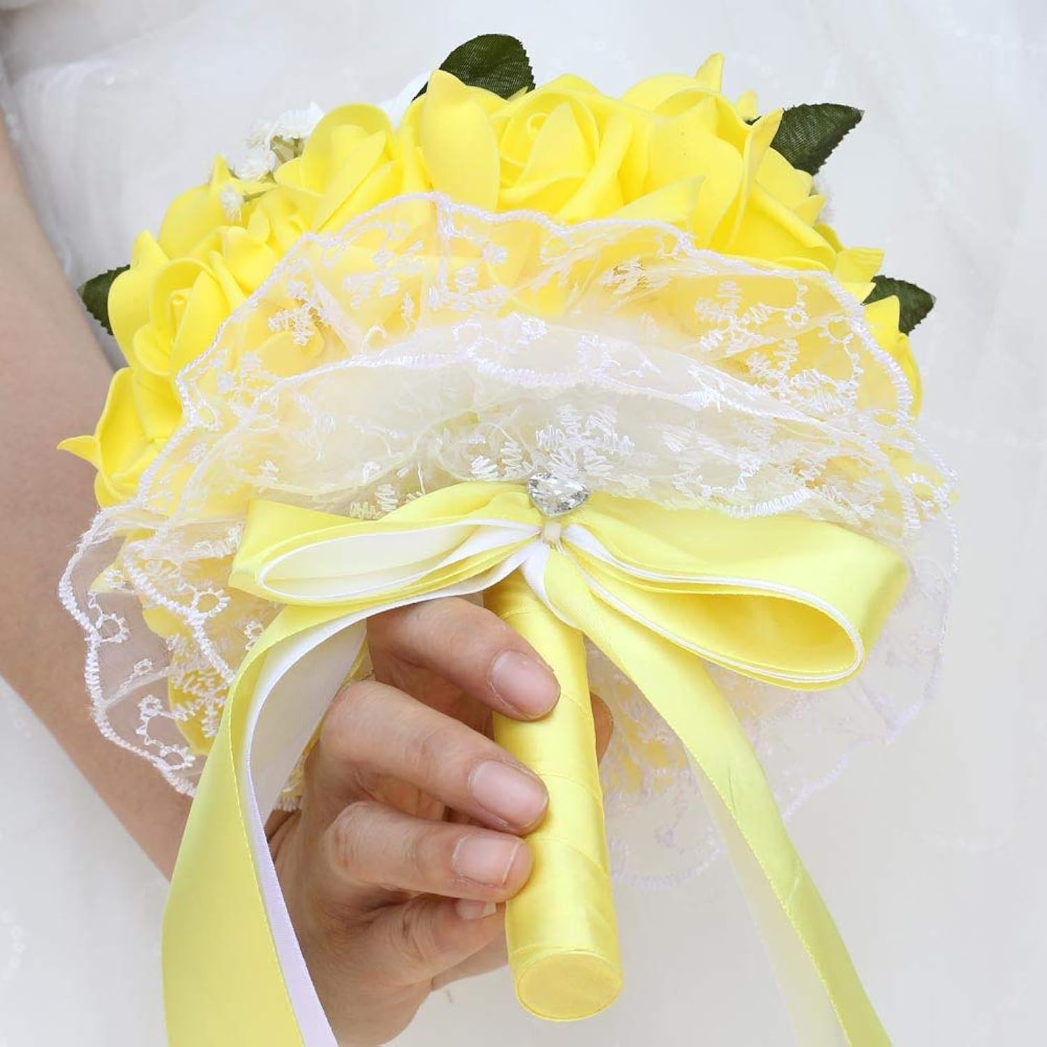 Wedding Bouquet, Big Size Yellow Bridesmaid Foam Roses Artificial Flower Bridal Bouquets With Crystals Soft Ribbons For Wedding Party Church