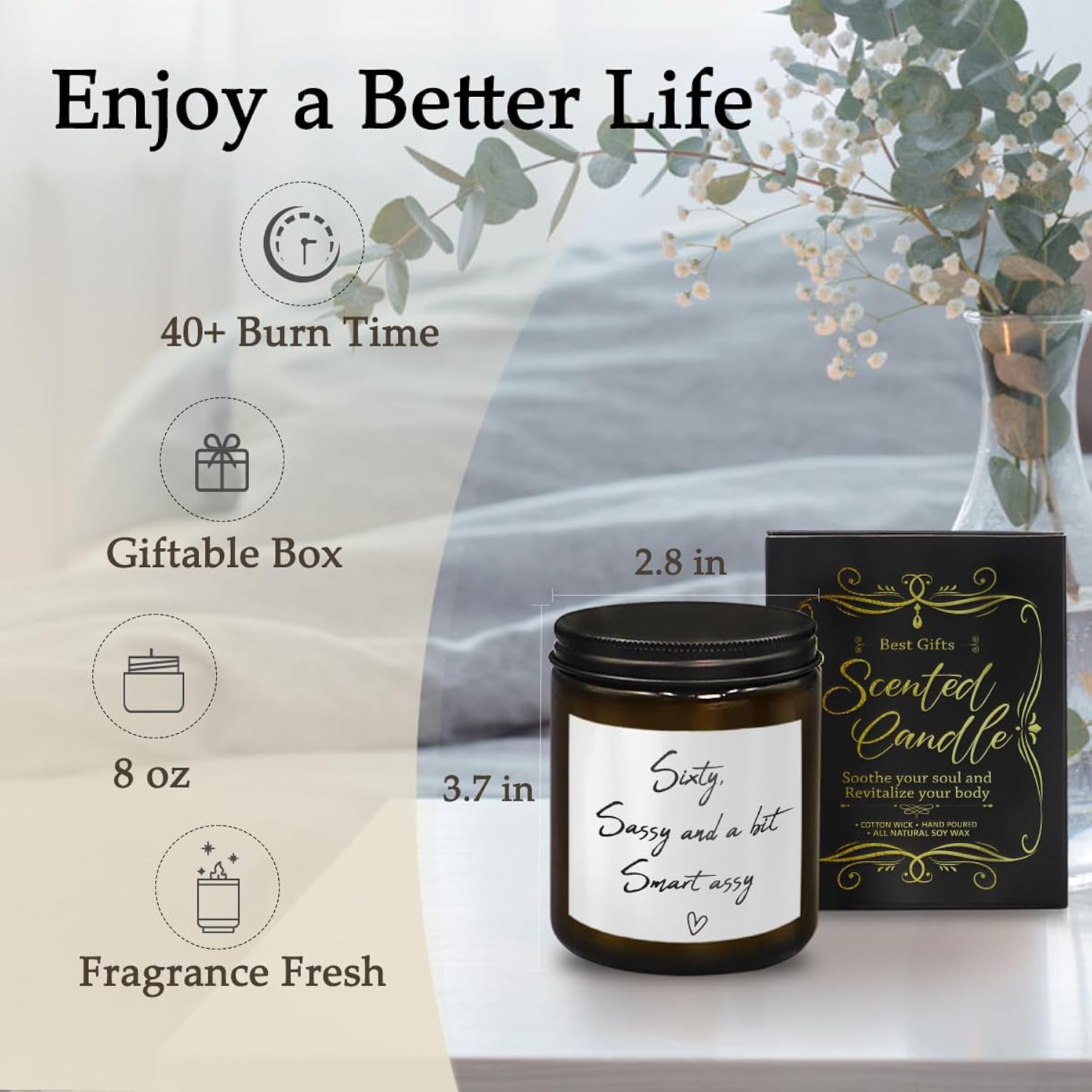 60Th Birthday Gifts For Women Men, Sixty Sassy And A Bit Smart Assy, 60Th Birthday Gift Ideas, 60Th Birthday Gift Ideas For Him Her Mom Dad Wife Husband Friends, Cedar Scented Candles, 8 Oz