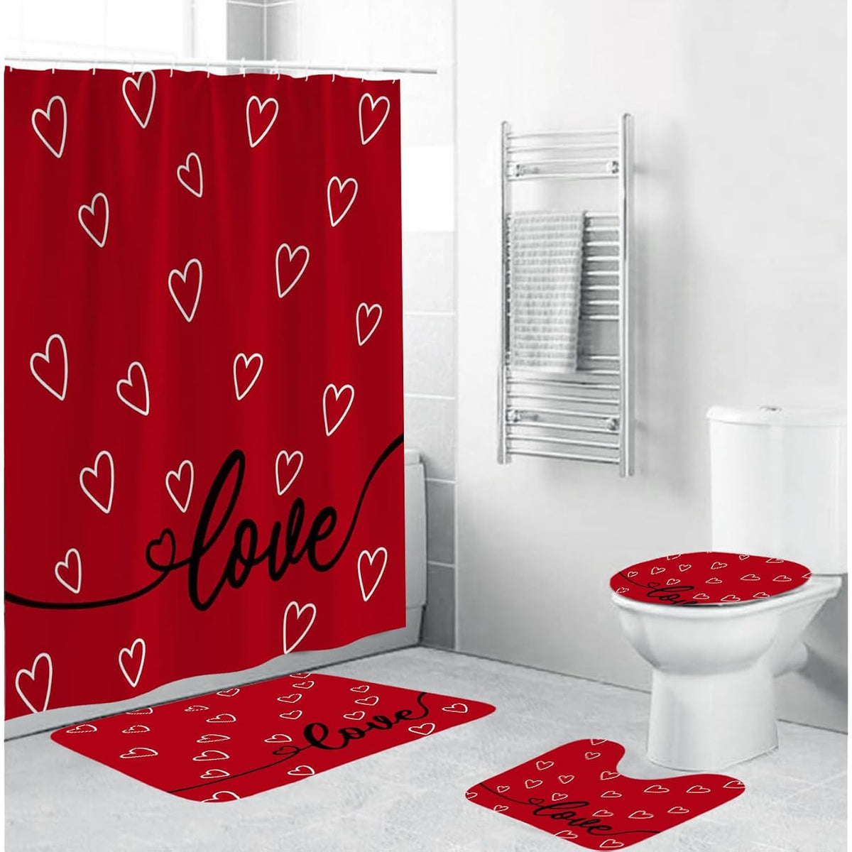 4Pcs Valentine'S Day Shower Curtain Set Love Heart Shower Curtain For Valentine'S Day Bathroom Decor With Anti-Slip Waterproof Bathtub Bathroom Rugs Toilet Lid Cover (Red)
