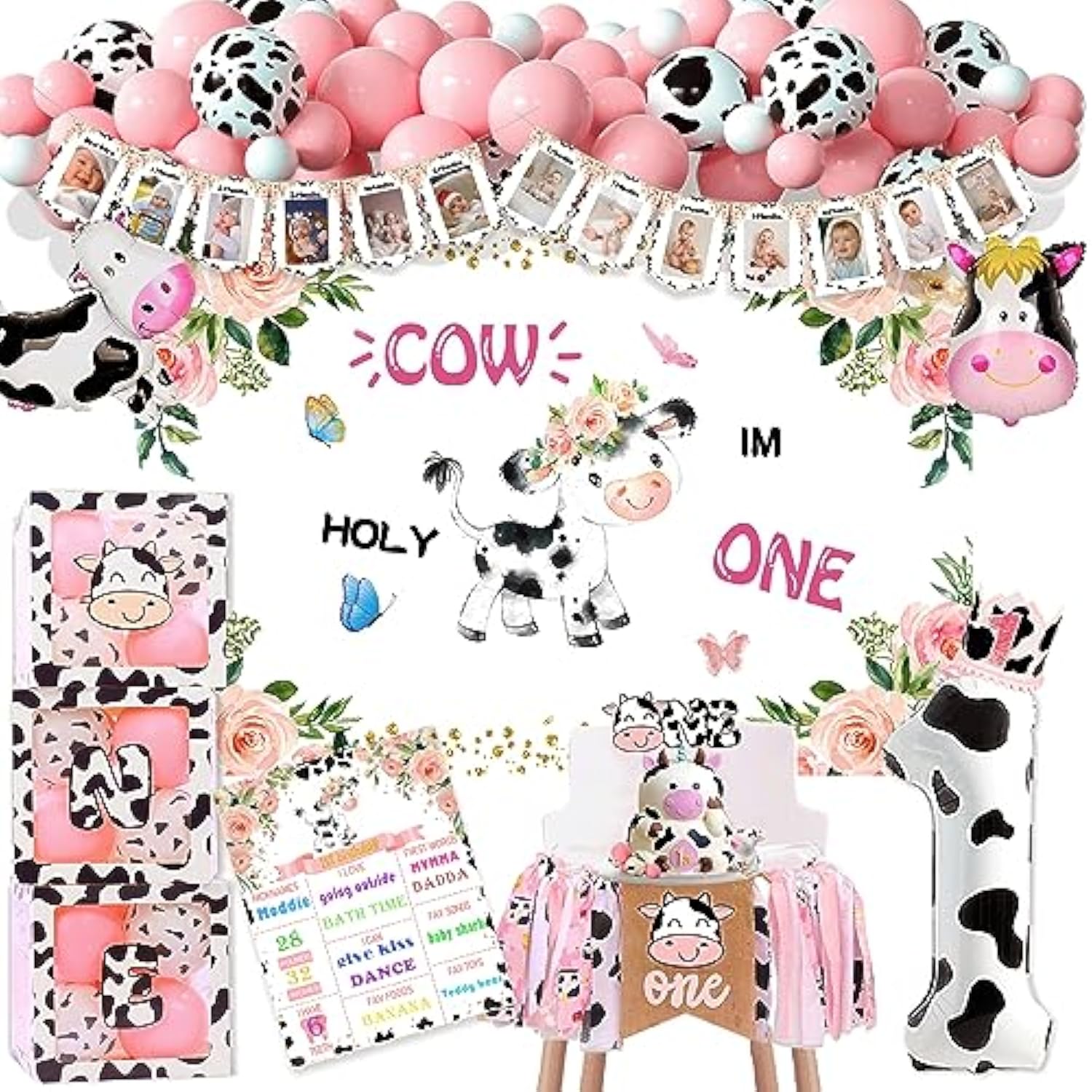 Holy Cow I'M One Birthday Decorations - Cow Theme First Birthday Supplies For Girls, Backdrop, High Chair Banner, One Balloon Box