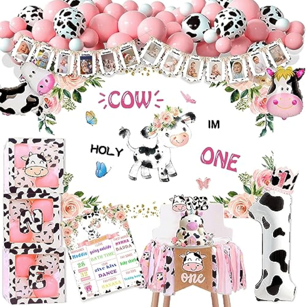 Holy Cow I'M One Birthday Decorations - Cow Theme First Birthday Supplies For Girls, Backdrop, High Chair Banner, One Balloon Box