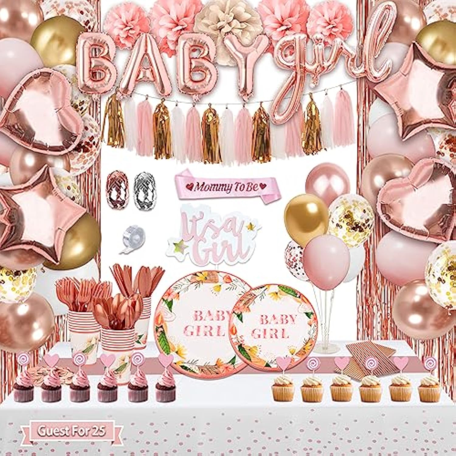 303PCS Pink Rose Gold Baby Shower Decor & Dinnerware Set for 25 Guests