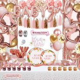 303PCS Pink Rose Gold Baby Shower Decor & Dinnerware Set for 25 Guests