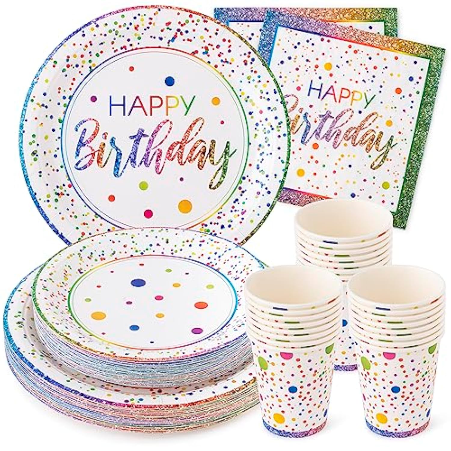 Rainbow Birthday Party Set – 24 Plates, Napkins & Cups | Sturdy 400 GSM Tableware