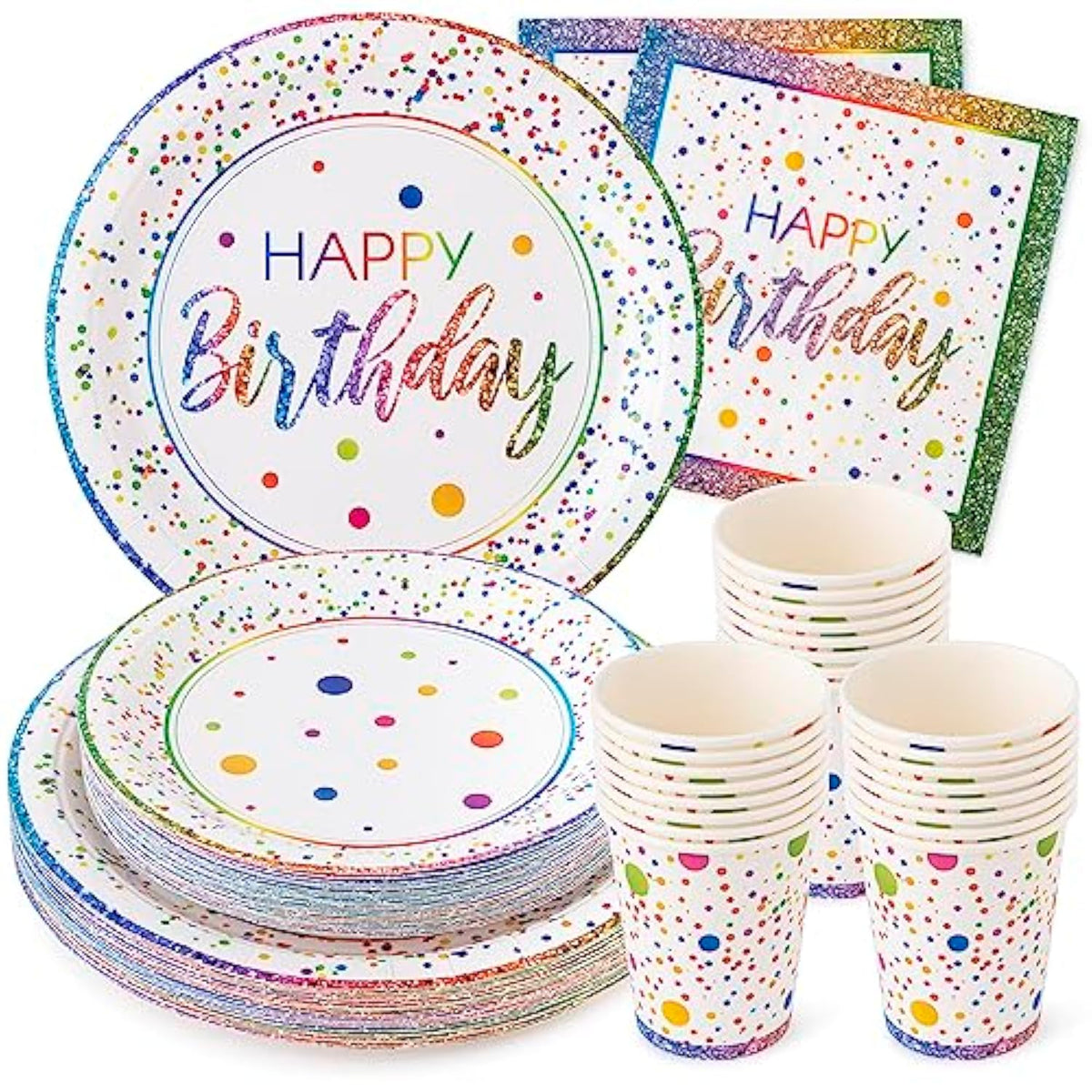 Rainbow Birthday Party Set – 24 Plates, Napkins & Cups | Sturdy 400 GSM Tableware