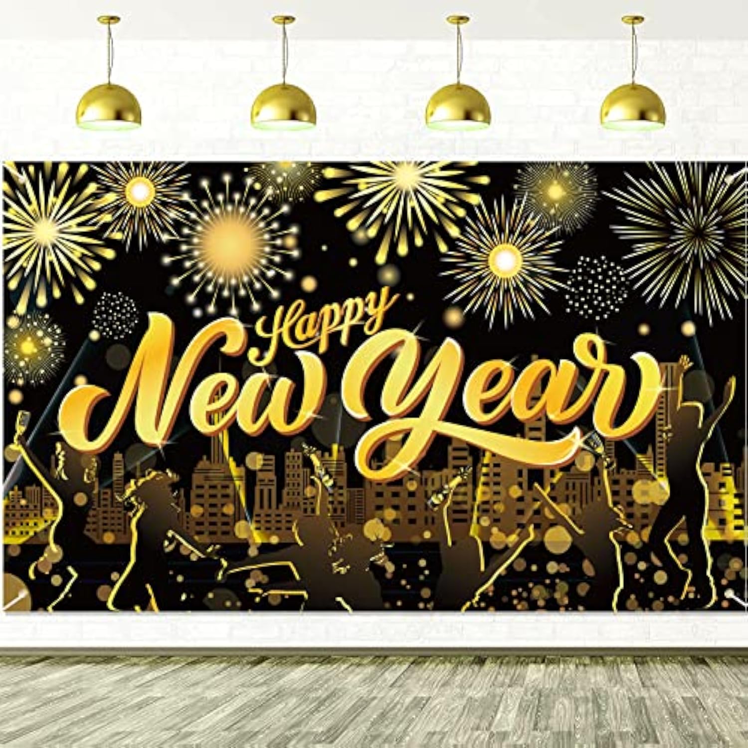 Extra Large Black Gold Happy New Year 2026 Banner Photo Backdrop Decor