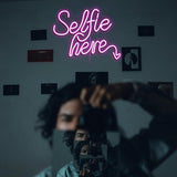 Selfie Here Neon Sign Dimmable Pink LED Wall Decor Light for Selfie Station Photo Studio