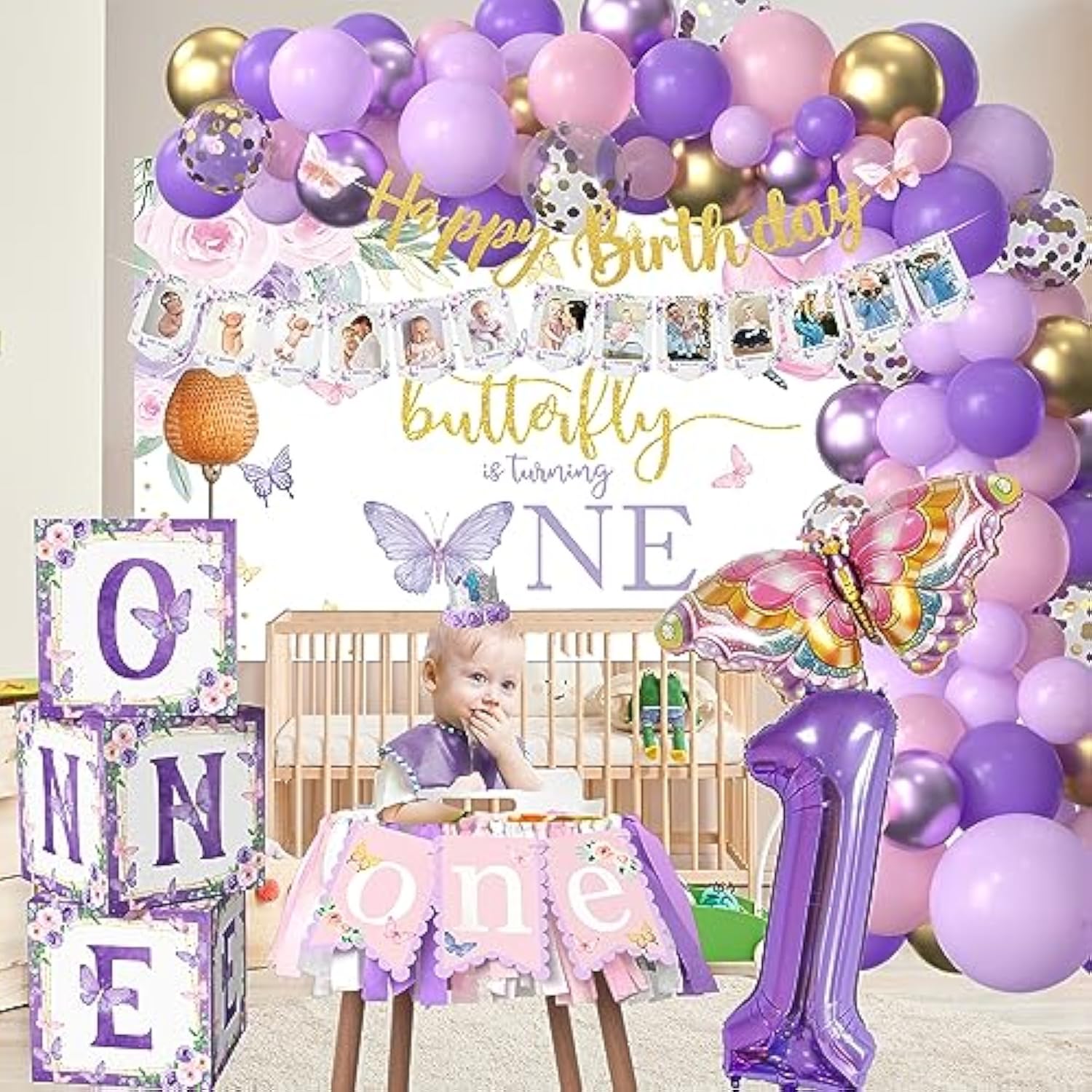 Butterfly First Birthday Decorations Girl - Butterfly 1St Birthday Party Supplies, Include Balloon Arch, Backdrop, Balloon Box, Highchair Banner, Hat, Photo Banner