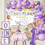 Butterfly First Birthday Decorations Girl - Butterfly 1St Birthday Party Supplies, Include Balloon Arch, Backdrop, Balloon Box, Highchair Banner, Hat, Photo Banner