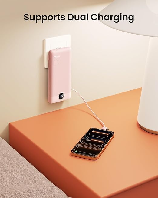 10000mAh Slim USB C Power Bank with Built In Cables Wall Plug LED Display Pink