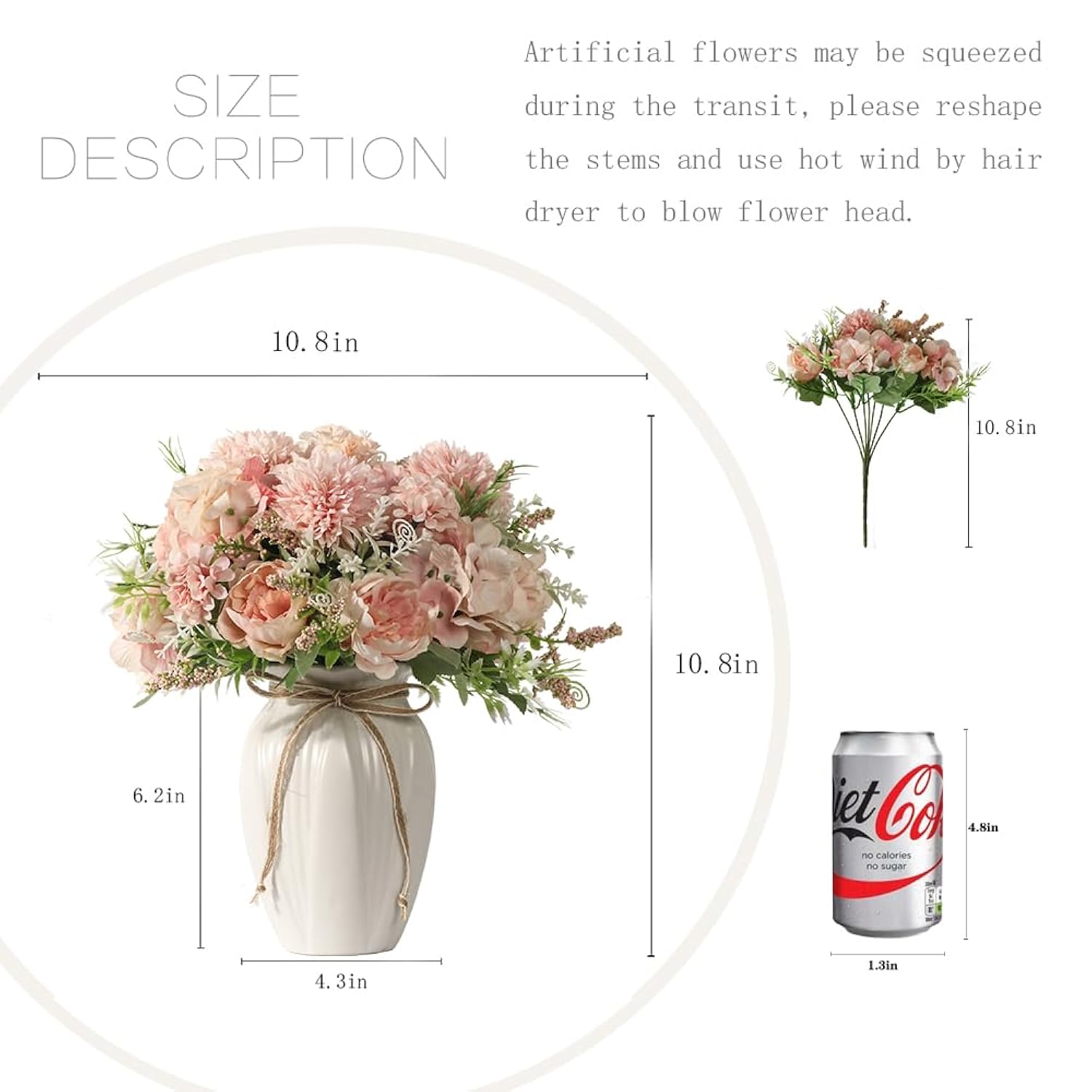 Peonies Artificial Flowers In Vase, Fake Hydrangea Silk Peony Flower Bouquet With Vase Faux Flowers Arrangement Decor Home Table Dining Room (Pink)
