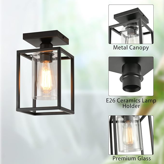 3 Pack Farmhouse Semi Flush Mount Ceiling Lights Black Metal Frame with Clear Glass