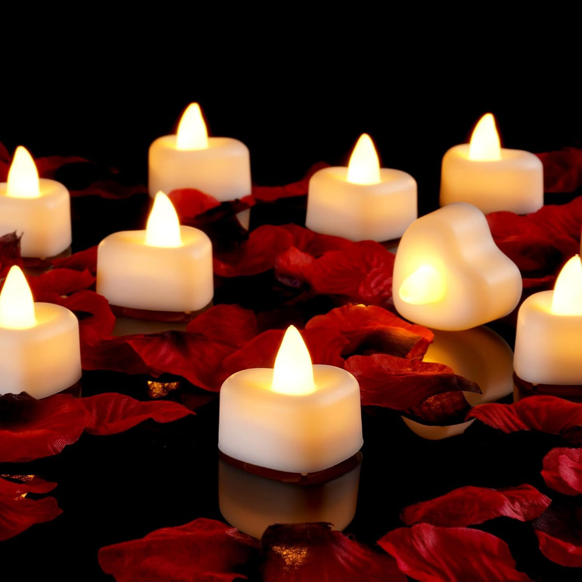 1000 Pieces Artificial Rose Petals With 12 Heart Led Tea Lights Candles Kit, Rose Petals And Candles Set For Proposal, Anniversary, Valentine'S Day, Special Romantic Night, Wedding Table Decor