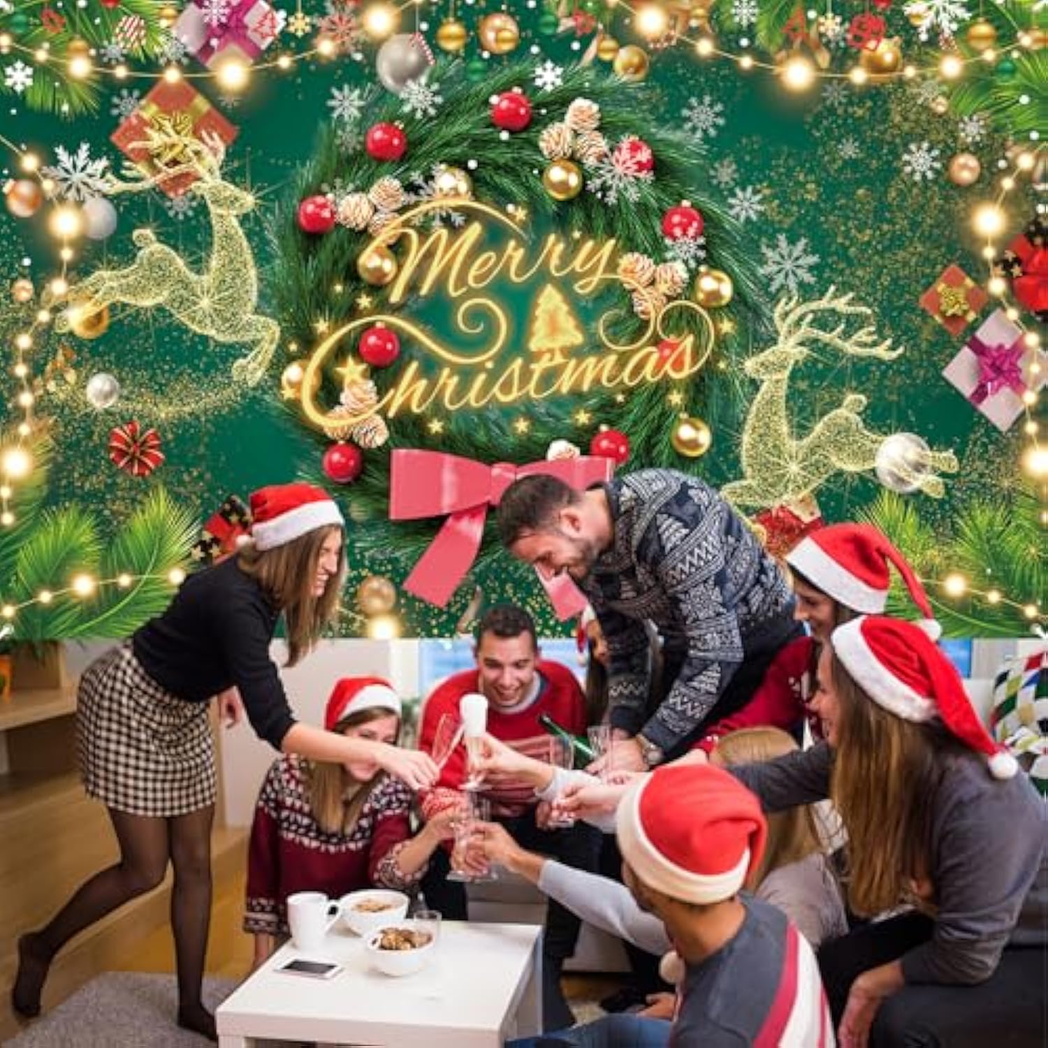 Merry Christmas Large Fabric Banner Background Sign, Green Elk Garland Xmas Banner Backdrop Photo Props For Wall Party New Year Winter Decorations