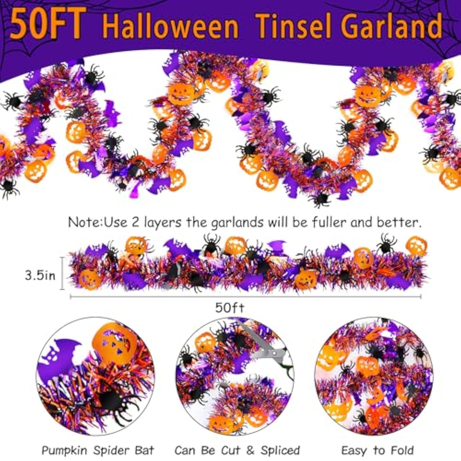 50Ft Halloween Tinsel Garland - Orange Pumpkin, Black Spider & Purple Bat Metallic Party Decor