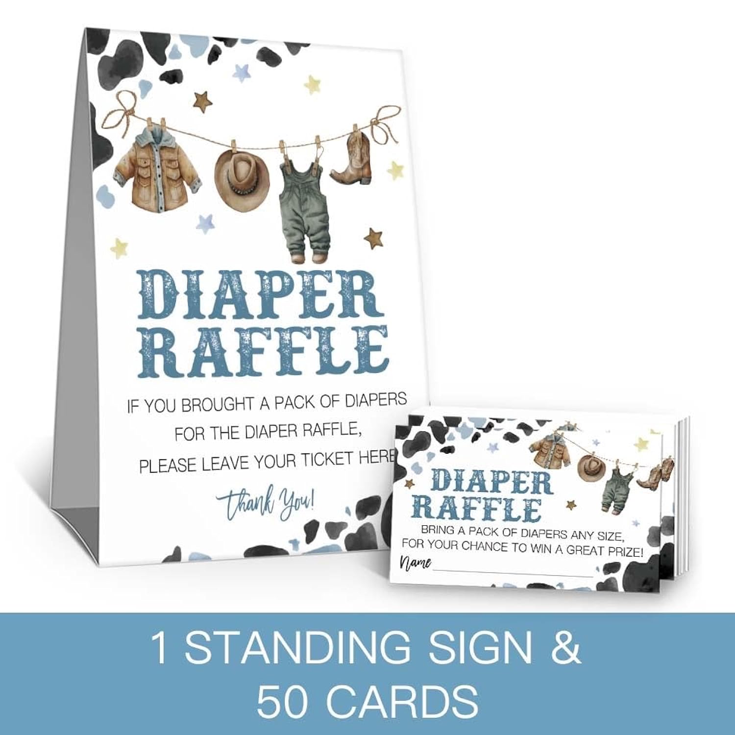 Cowboy Diaper Raffle Tickets For Baby Shower Game, Western Theme Baby Shower Games, (1 Standing Sign & 50 Guessing Cards), A Little Cowboy Is On The Way Boy Diaper Raffle Party Supplies