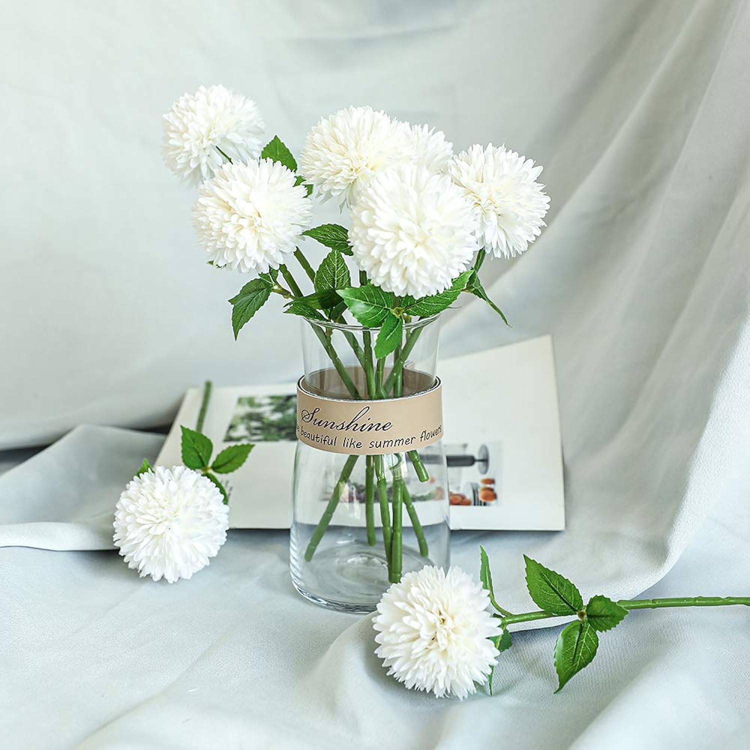 12Pcs Artificial Chrysanthemum Ball Flowers Silk Hydrangea Bridal Wedding Bouquet For Home Garden Party Office Coffee House Decoration (Cream White)