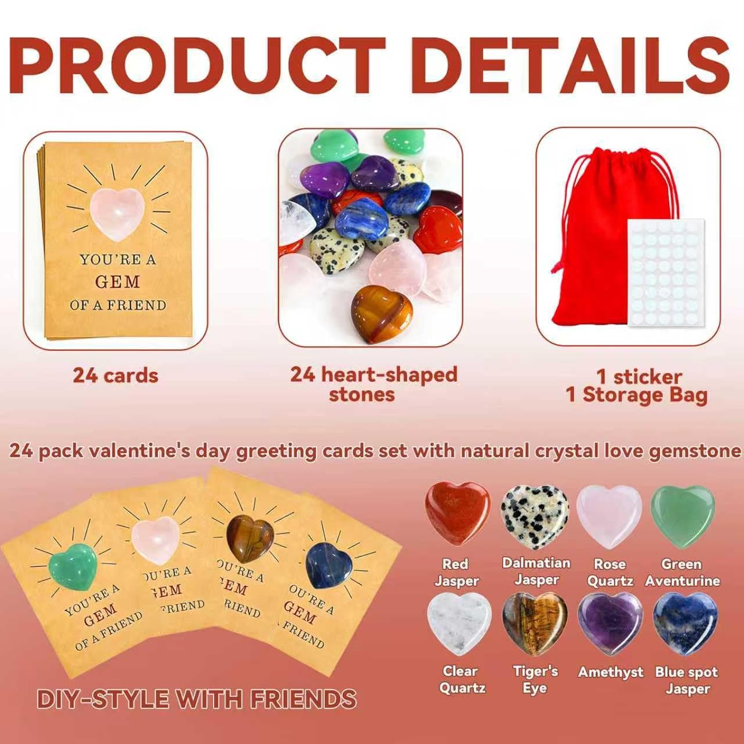 24 Pack Valentines Day Gem Gifts For Kids,Gem Valentine Cards With Heart,Kids Valentines Day Cards For School,Valentine Gift Exchange Card For Boys Girls Classroom School Party Favor
