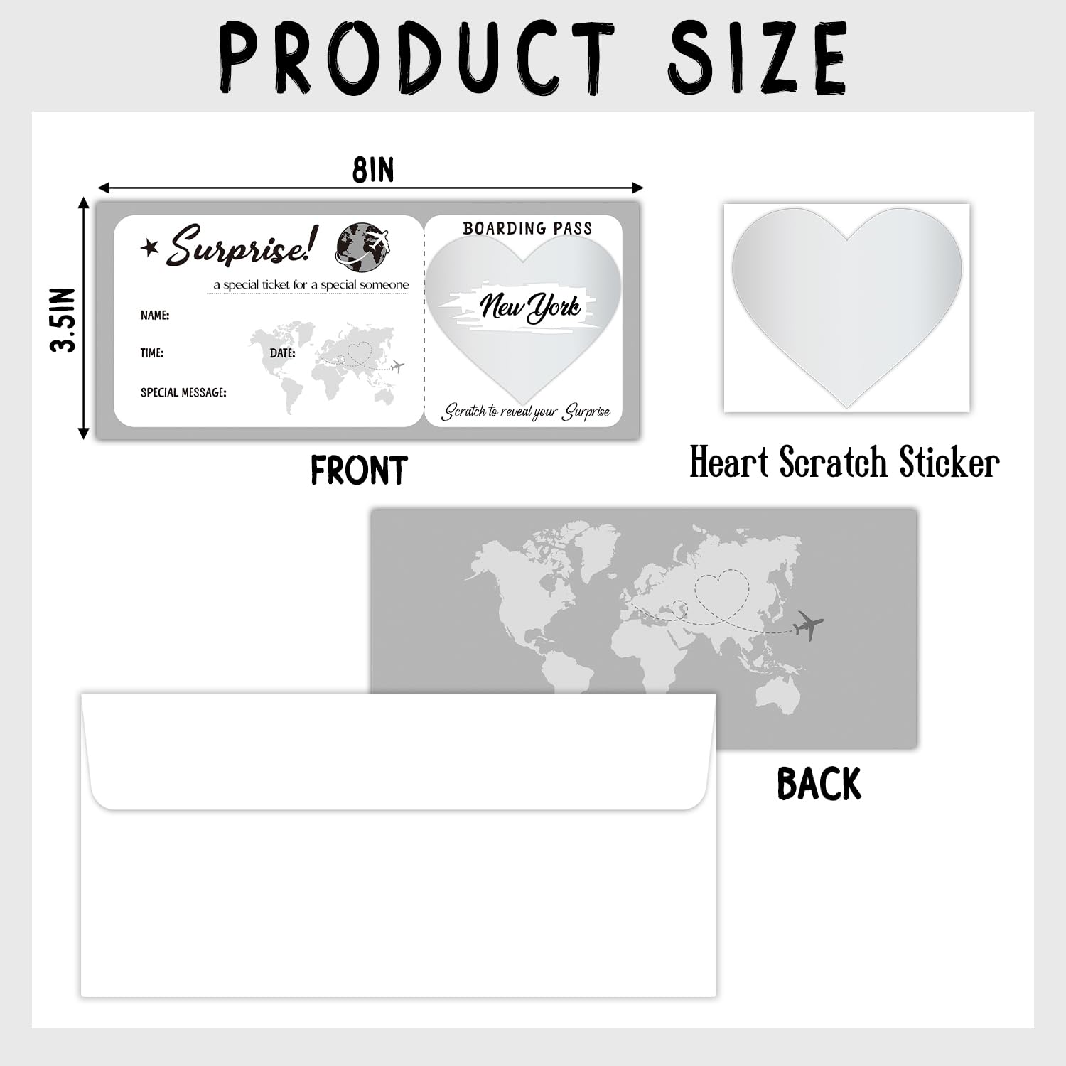 Personalised Gray Scratch-Off Boarding Pass Ticket With Envelopes, 2 Set 3.5"X8"Surprise Travel Ticket Gift, Special For Holiday Birthday Valentine'S Day Christmas Wedding Gift Card-005/2