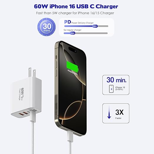 2 Pack 60W 5 Port USB Fast Charger Block with 6FT USB C Cable for iPhone 17 16 15 iPad Pro Air Mini