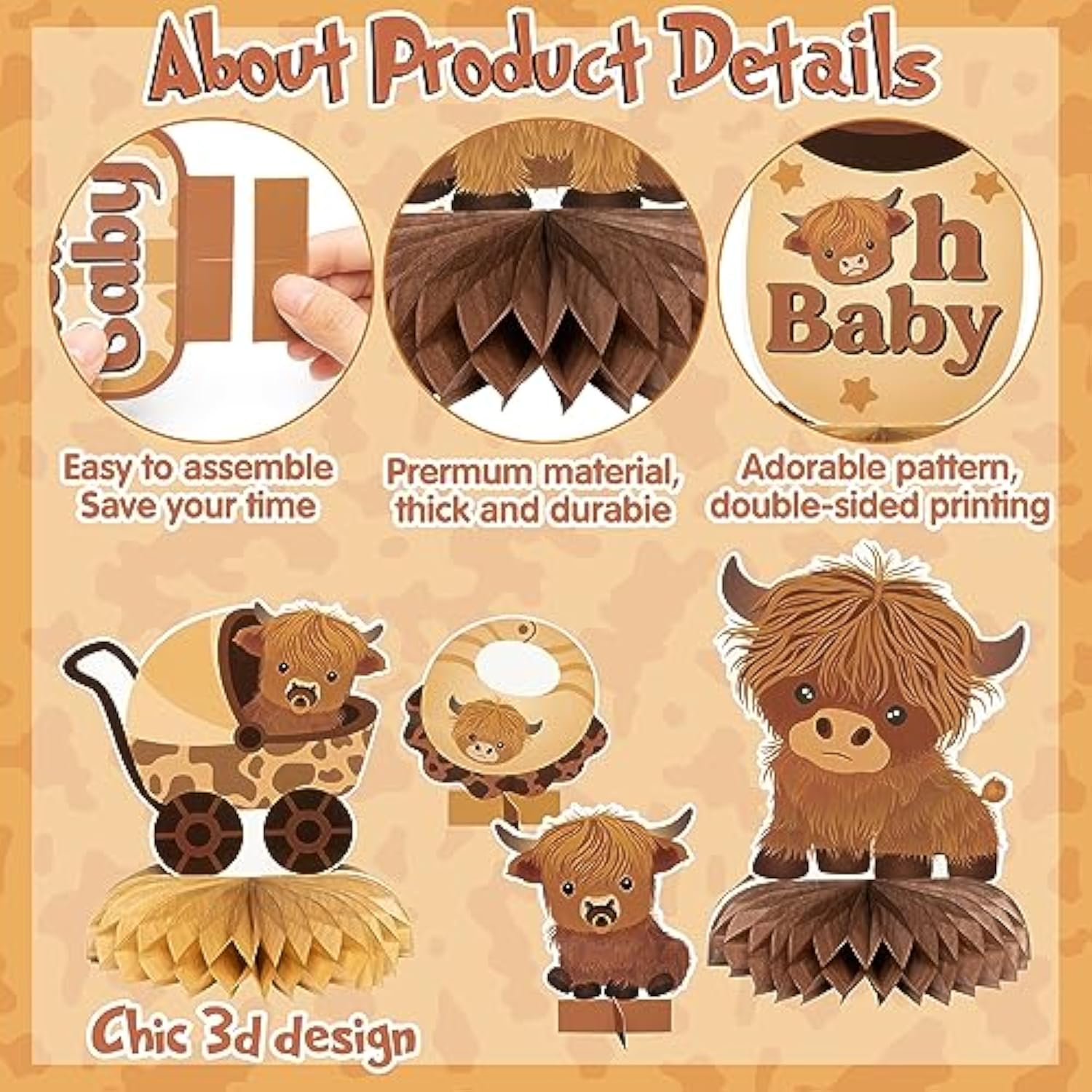 12Pcs Highland Cow Honeycomb Centerpieces Brown Highland Cattle Baby S