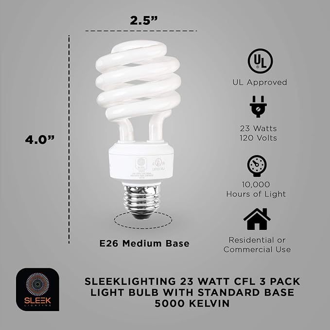 E26 CFL Light Bulbs 3 Pack 23W 5000K Daylight 1600 Lumens 100W Equivalent UL Listed