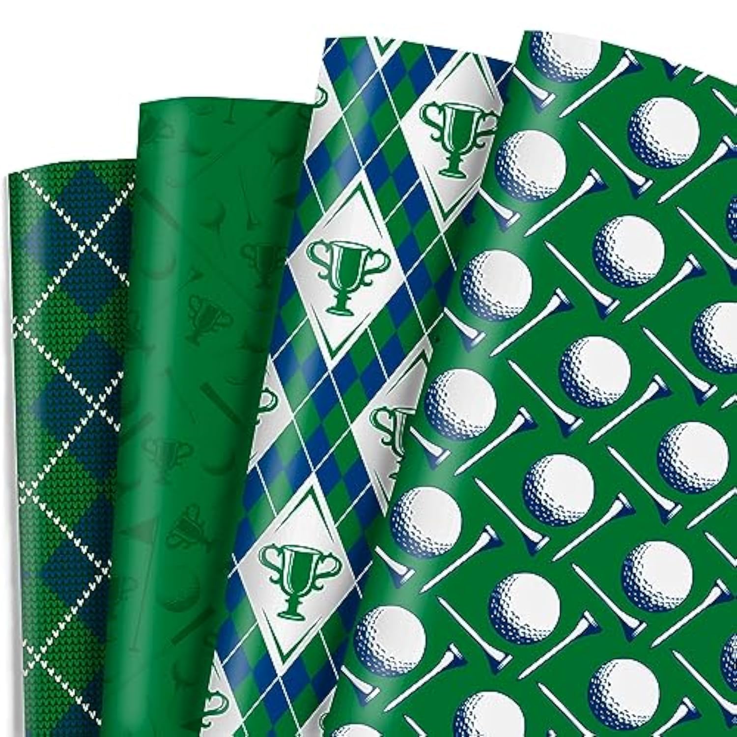 Golf Wrapping Paper For Men Boys Girls - 8 Sheets Green Elegant Gift Wrap With 4 Golf Champions Plaid Patterns For Birthday - Pre Cut& Folded Flat Design(20 X 27 Inch Per Sheet)