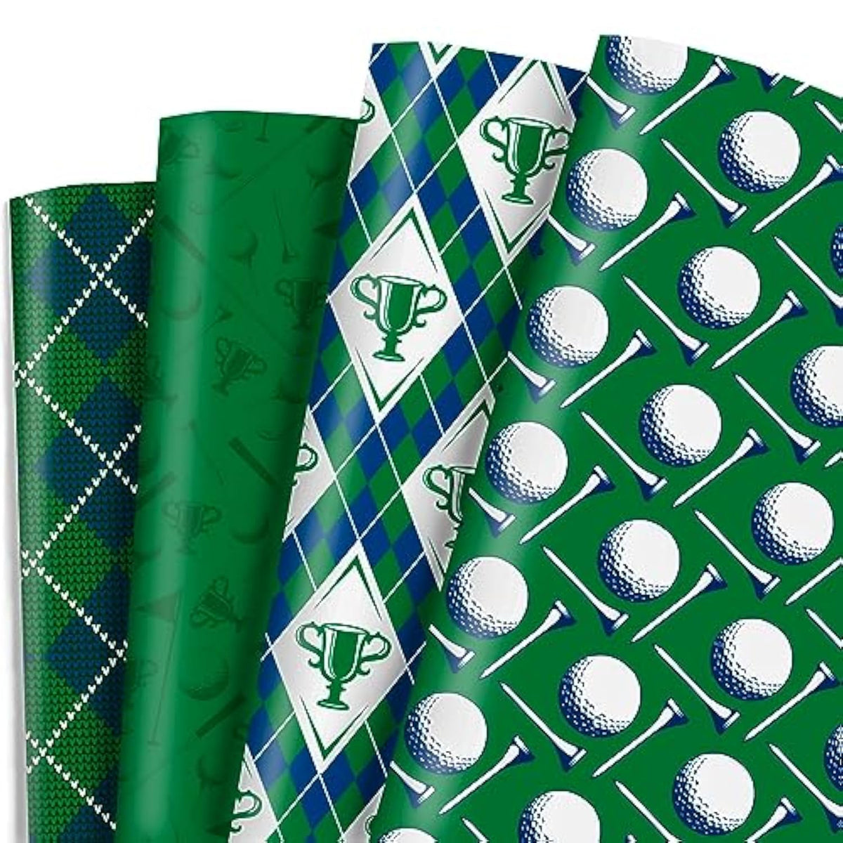 Golf Wrapping Paper For Men Boys Girls - 8 Sheets Green Elegant Gift Wrap With 4 Golf Champions Plaid Patterns For Birthday - Pre Cut& Folded Flat Design(20 X 27 Inch Per Sheet)