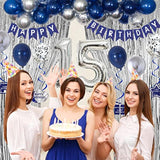 15Th Birthday Decorations For Boys And Girls Blue Silver, Happy 15Th Birthday Decorations Banner Birthday Balloons Number 15 Tablecloth Fringe Curtains Hanging Swirls, 15 Years Old Bday Party Supplies