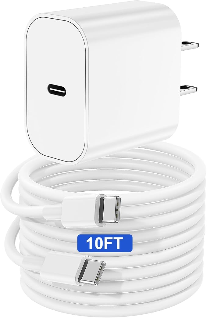 20W USB C Fast Charger with 10FT USB C to C Cable for iPhone 17 16 15 iPad Samsung