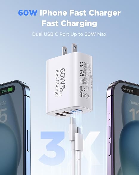 2 Pack 60W USB C Fast Charger with 10FT USB C Cable 4 Port Charger Block for iPhone 17 16 15 iPad AirPods