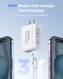 2 Pack 60W USB C Fast Charger with 10FT USB C Cable 4 Port Charger Block for iPhone 17 16 15 iPad AirPods
