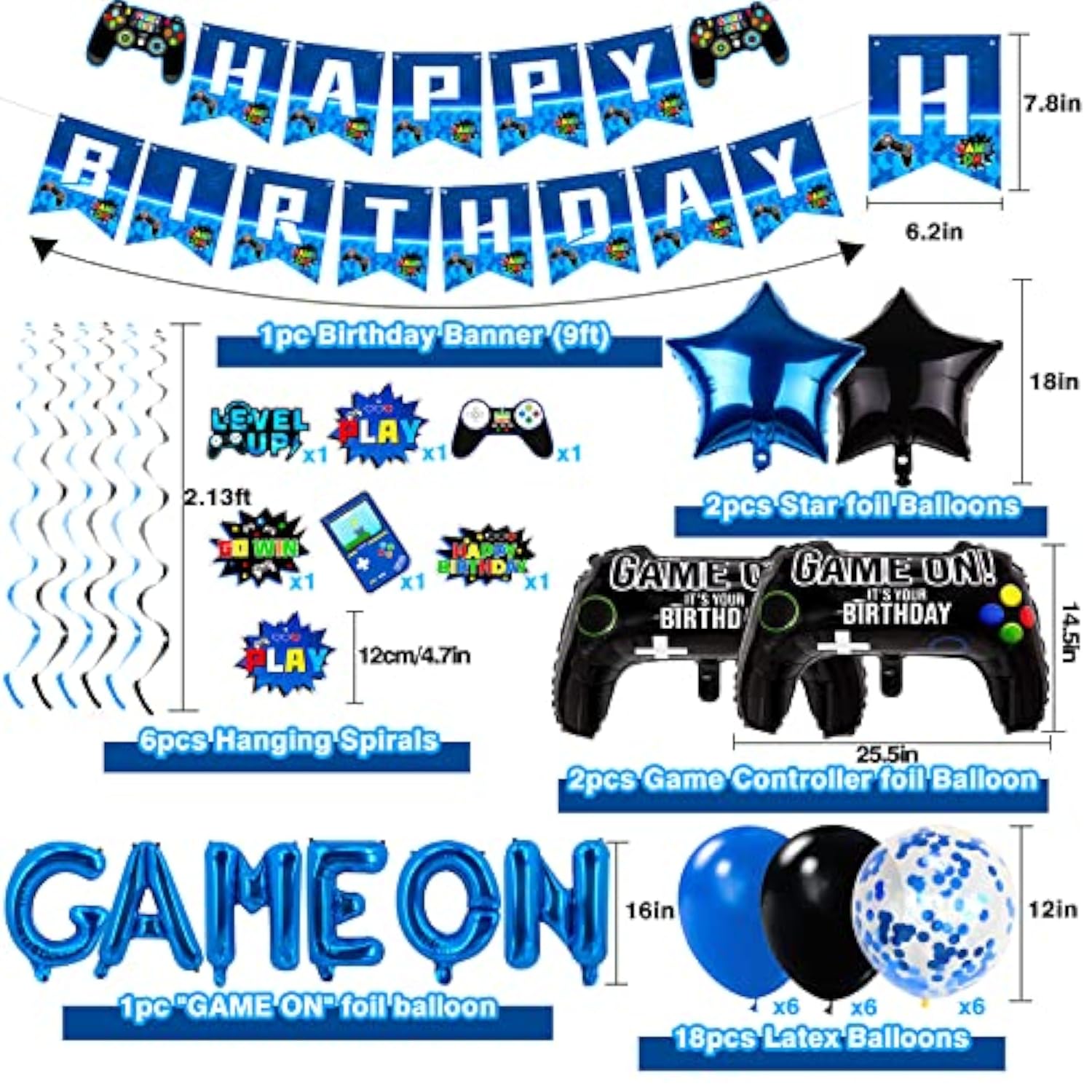 Video Game Birthday Party Decorations - 36 Pcs Navy Blue Game On Theme Birthday Party Supplies Happy Gaming Banner, Hanging Swirls, Balloons And Foil Gamer Balloons For Boys