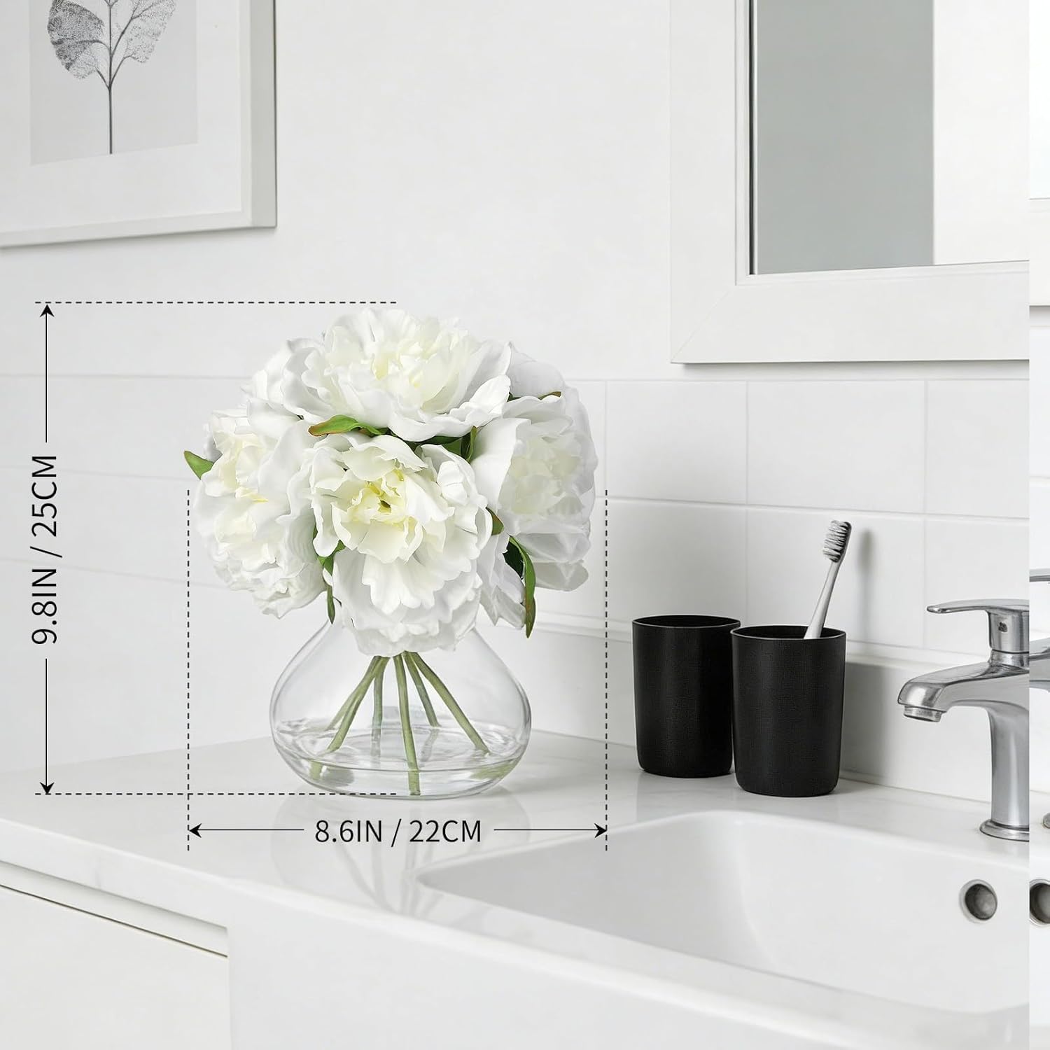 White Peonies Artificial Flowers With Glass Vase, Silk Faux Peony Flower Arrangement With Faux Water, Fake Flowers In Vase For Table Centerpieces, Shelf Bathroom Decor, Home & Wedding Decoration