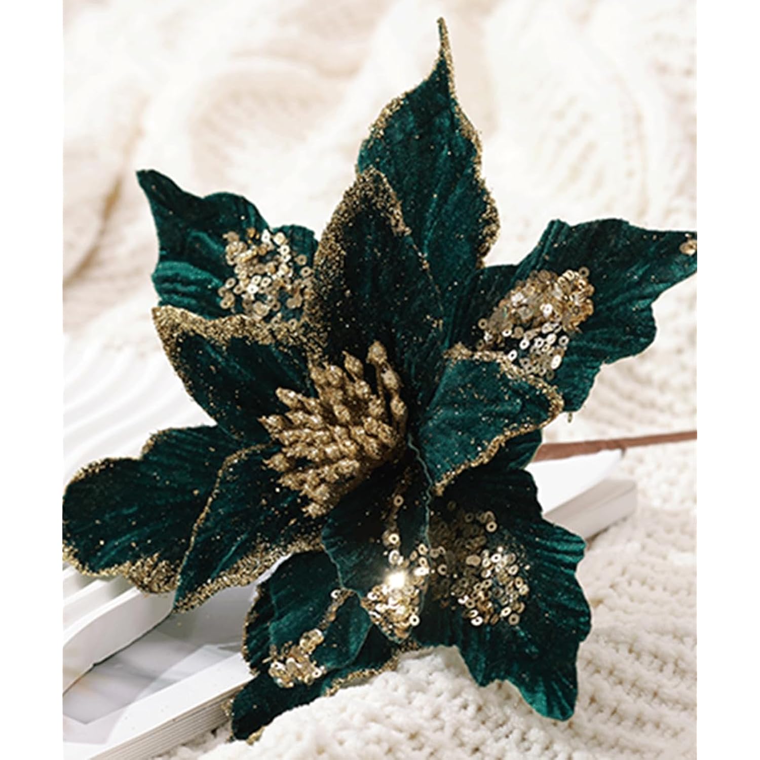 Pack Of 6 Glitter Poinsettia Flower 11 Inches Large Artificial Christmas Flower Decoration Christmas Tree Ornaments Wreath Garland Decoration (Green)