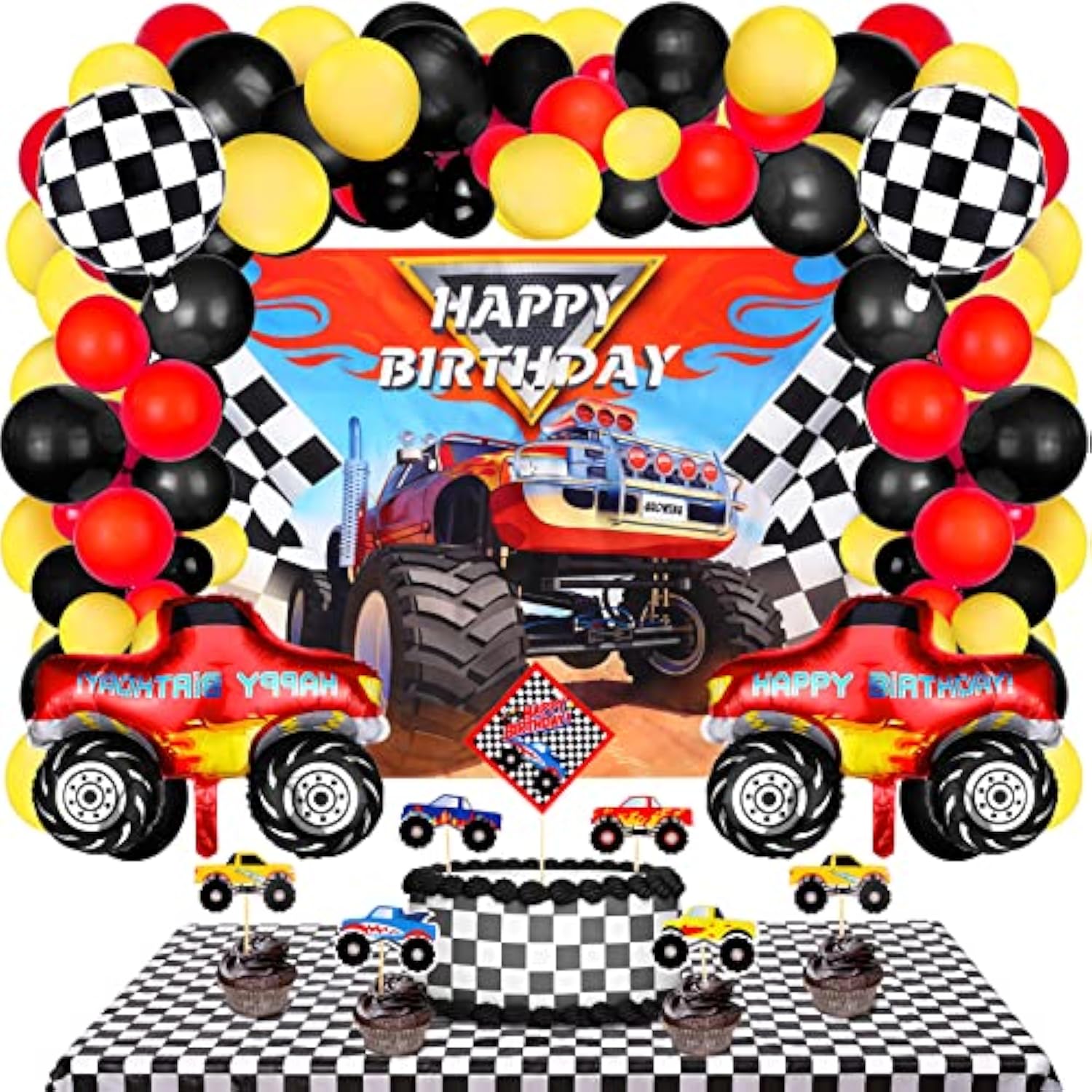 83 Pcs Truck Birthday Party Supplies – Includes Backdrop, 72 Balloons, Table Cover & Cupcake Toppers