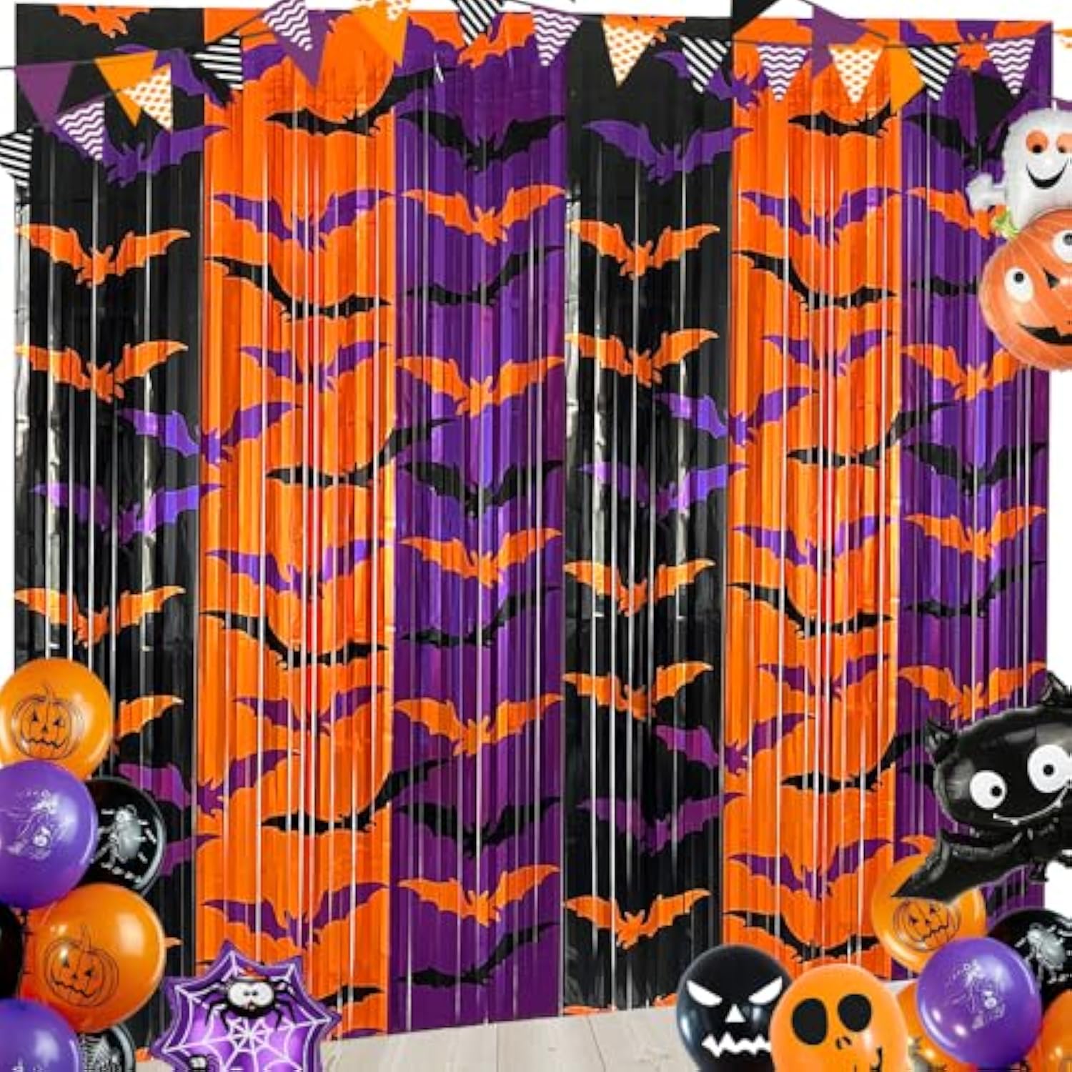 2 Pack Halloween Bat Foil Fringe Curtains 3.3x6.6ft Backdrop Black Orange Purple