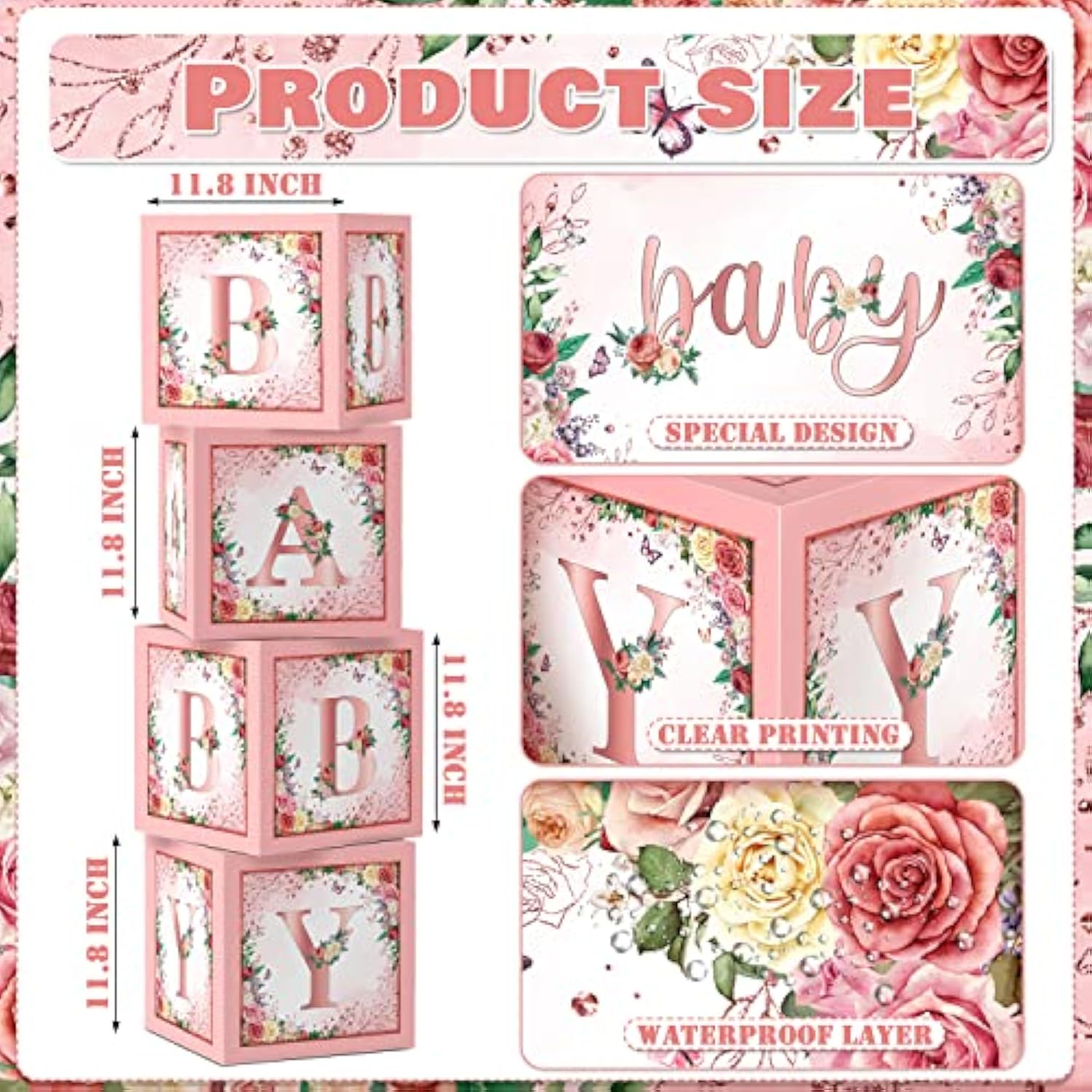 Floral Baby Shower Box Pink Balloon Blocks/Rose Gold Centerpiece for Girl Party