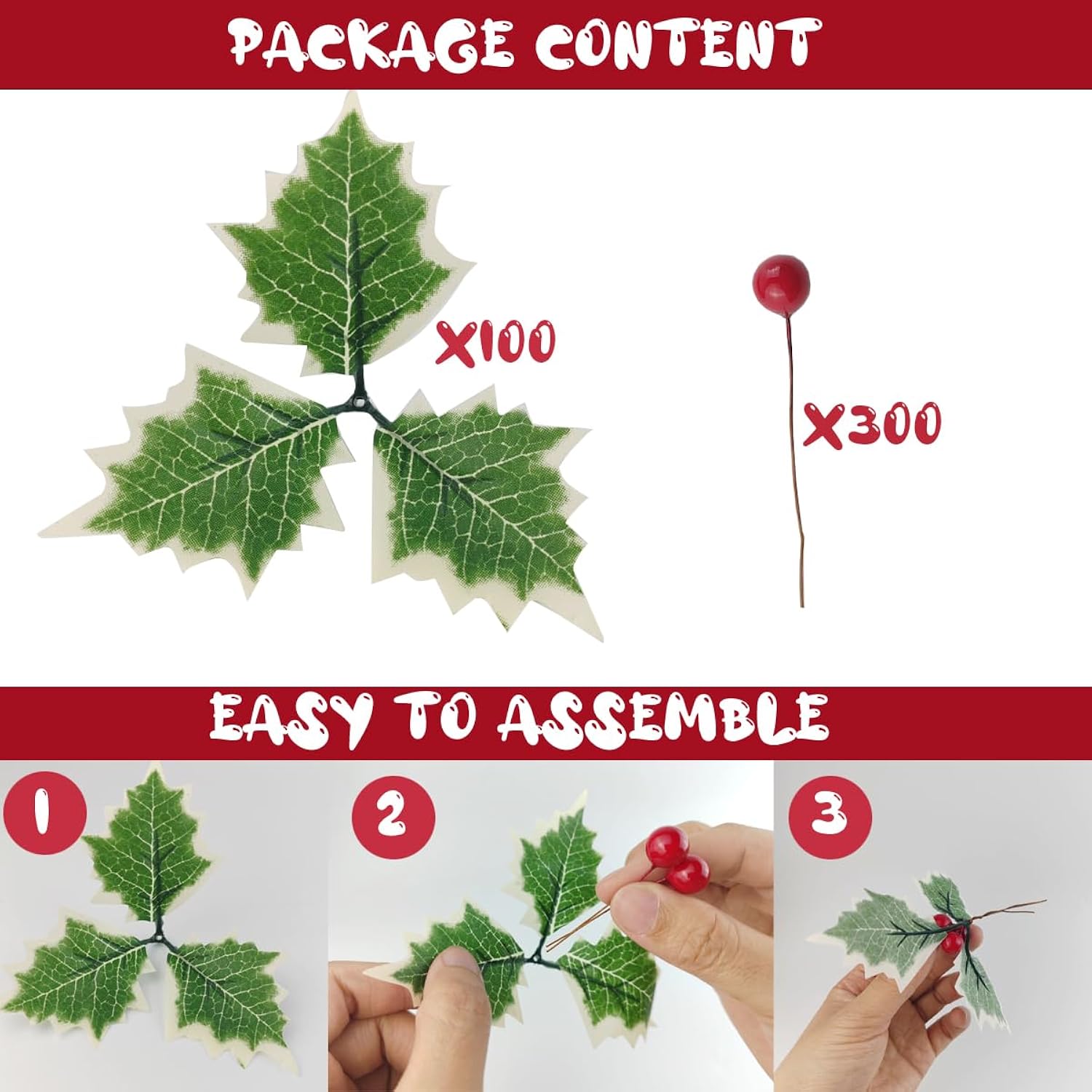 300Pcs Artificial Holly Berries With 100Pcs Green Leaves Rtificial Holly Leaves And Berries For Christmas Wreath Arrangement Cake Toppers Craft Wedding Party Home (Red)