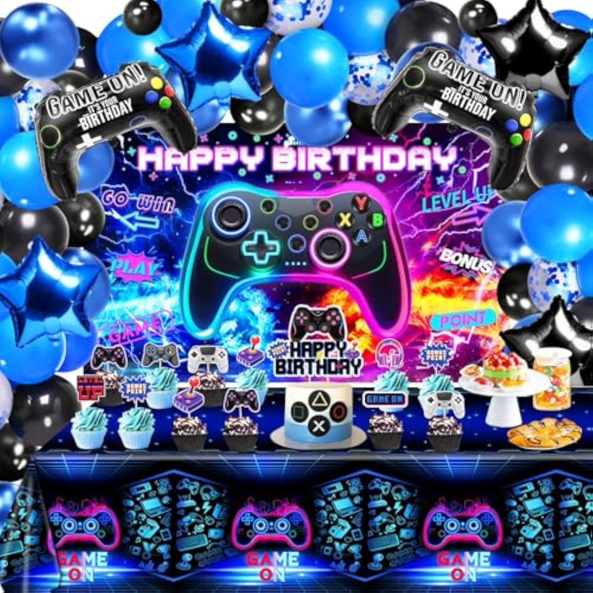 Video Game Birthday Decorations - Game Birthday Party Decorations Includes Backdrop, Foil Balloons, Tablecloth, Cake Toppers, Balloon Arch Kit For Boy Game Birthday Party