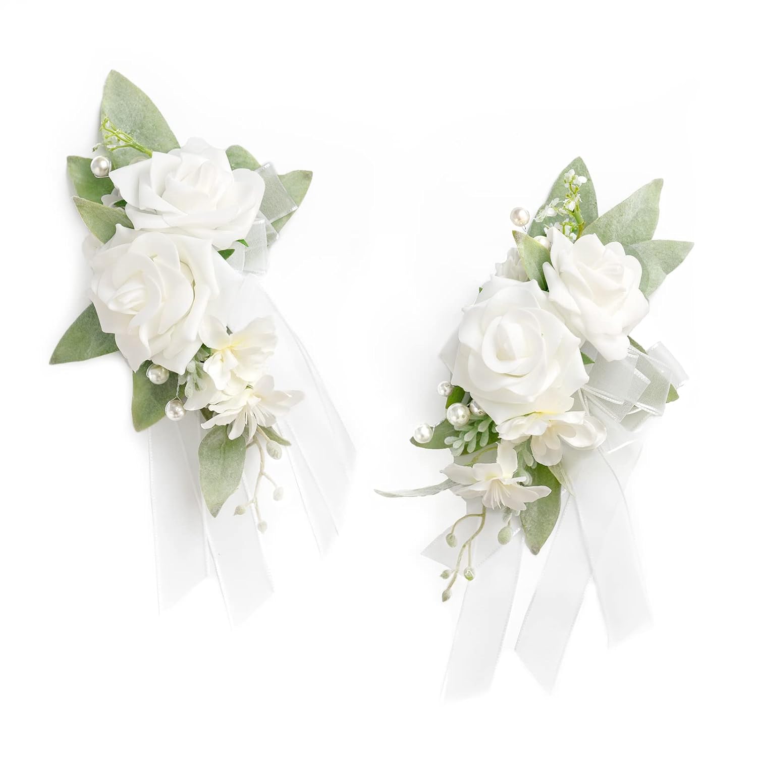 2Pcs Wedding Shoulder Corsage Artificial Flowers, Girl/Mother Homecoming/Prom Corsages Wristlet Décor, Etc. White Pearl
