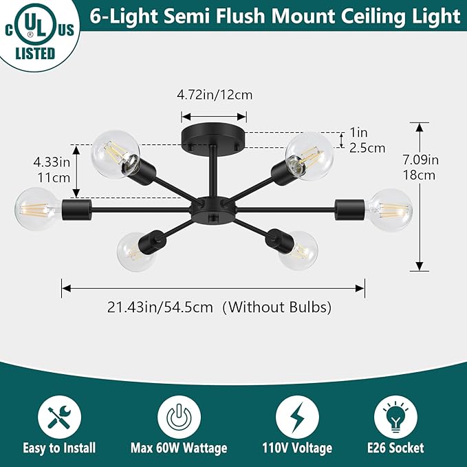 6 Light Black Sputnik Ceiling Light Modern Semi Flush Mount Fixture