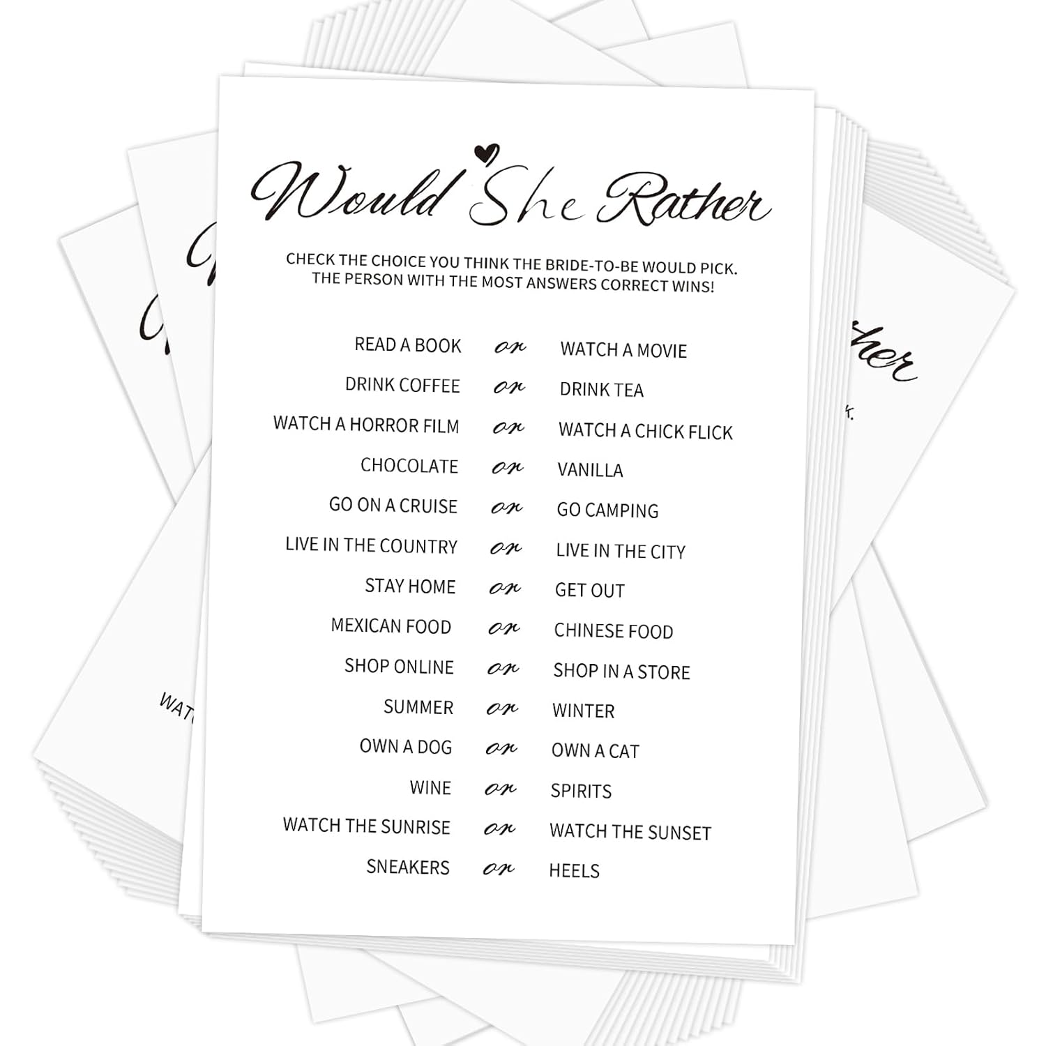 Bridal Shower Games-Would She Rather,Wedding Shower Games,50 Cards,Thick Paper,Minimalist