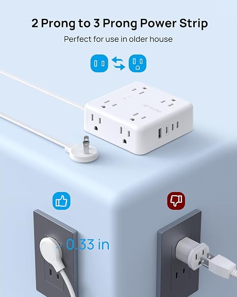 2 Prong Power Strip 8 Outlets 4 USB Ports 5FT Cord 1440J Surge Protector