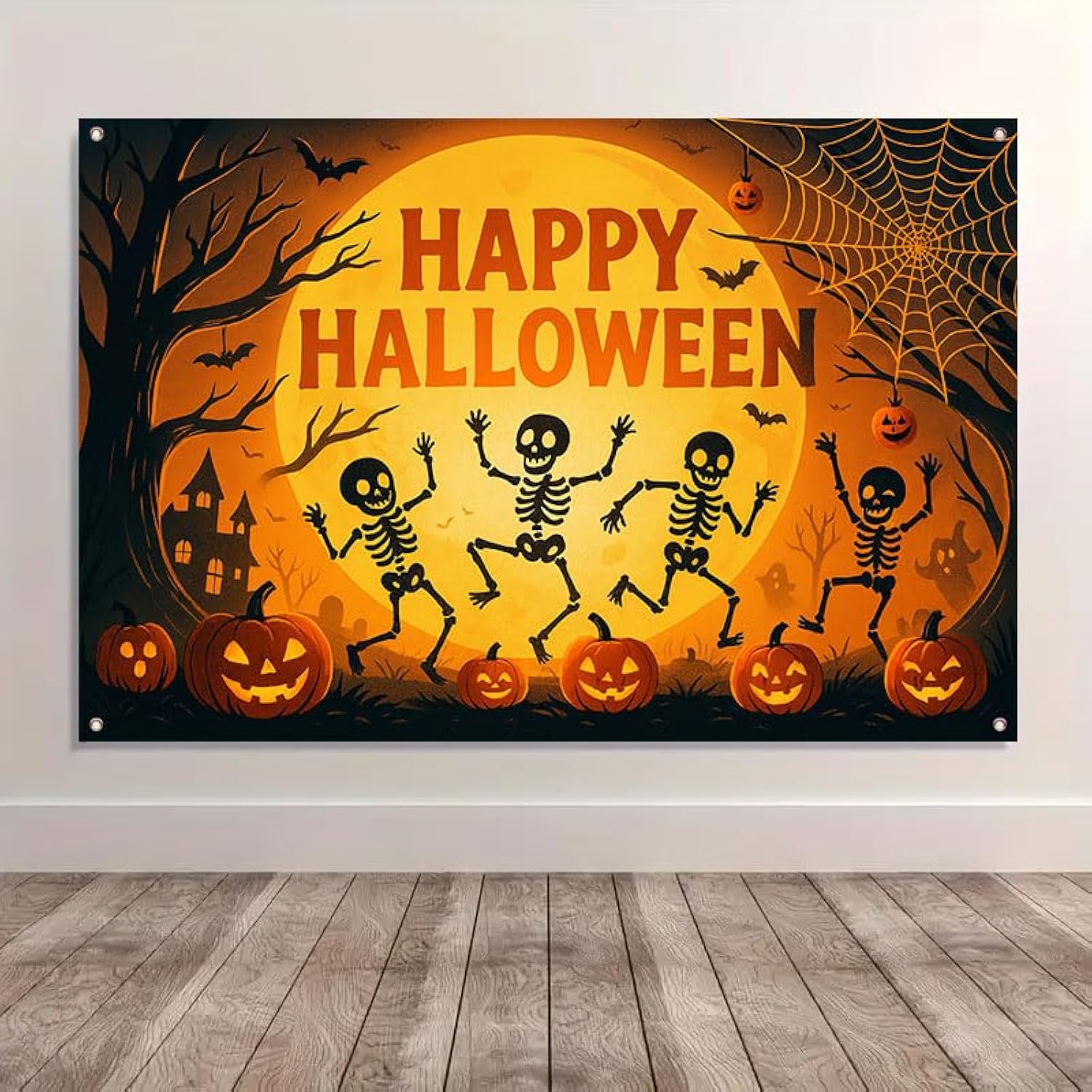 Large Happy Halloween Banner 71x43 Inch Skeleton Pumpkin Backdrop Haunted House Decor