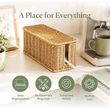 Handmade Rattan Cable Management Box Cord Organizer for Power Strip Router