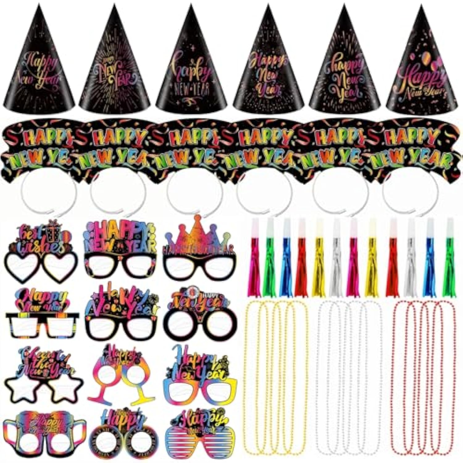 48pcs 2026 New Year Party Decorations Hats Tiaras Blowouts Necklaces